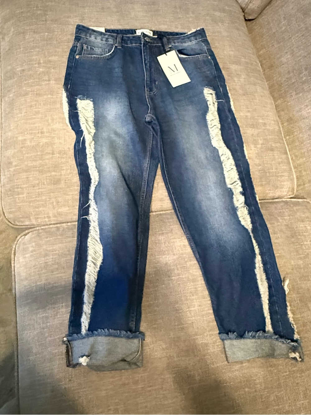 Distressed Side-Stripe Denim Jeans - Blue